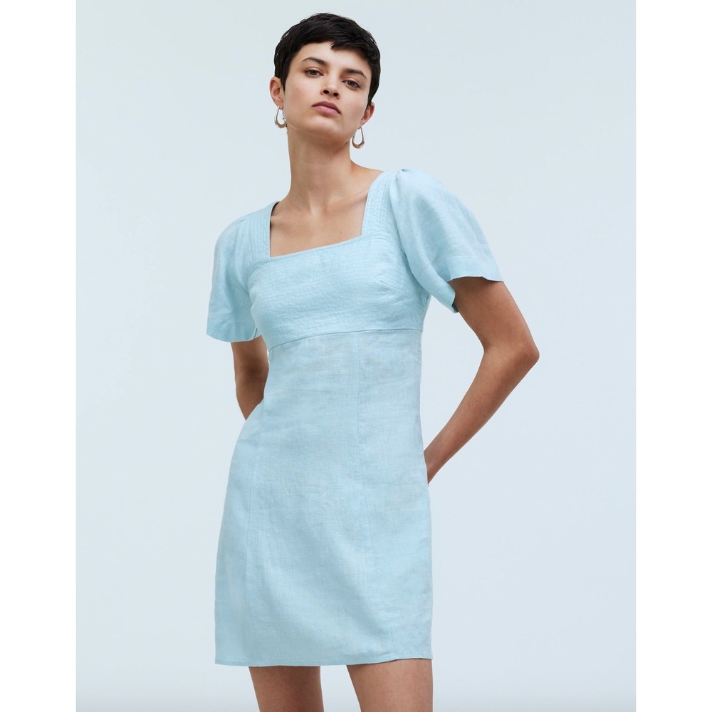 Madewell Square-Neck Mini Dress in 100% Linen Blue Heron Size 12‎